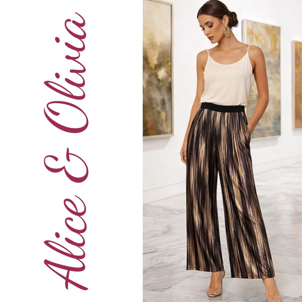 Alice + Olivia Gold Multi Metallic Pleated Wide Leg Pants‎ Small NWT Studio 54